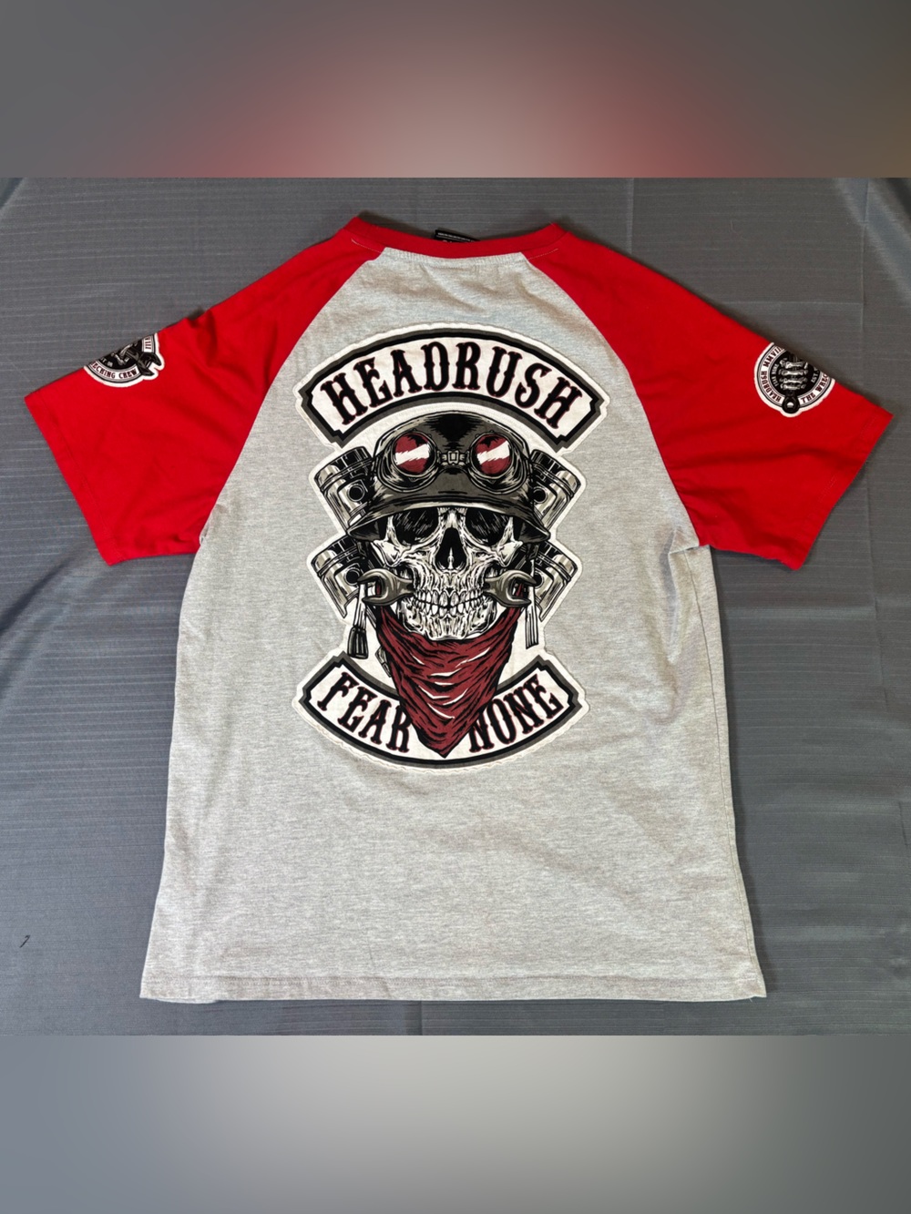 Headrush Fear None Embroidered Raglan T-Shirt Skull Graphic Mens XL